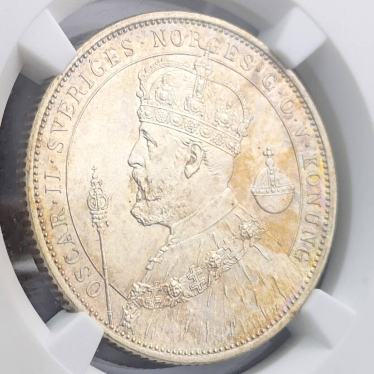 1円スタート★1897年 スウェーデン オスカル2世 治世25周年記念 銀貨 NGC MS64 アンティークコイン シルバー ジュビリー NGCの画像3