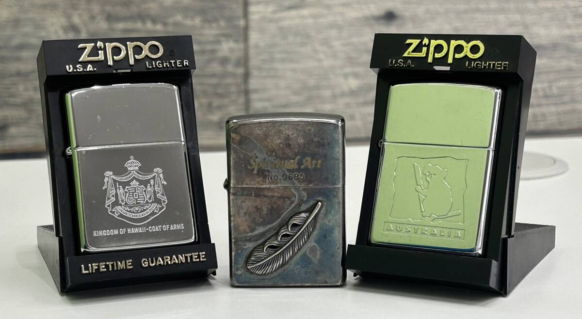 【D429～2602SS】ZIPPO ジッポー 3点セット 火花確認済 Kingdom of hawaii ハワイ Spiritual art 羽 685 AUSTRALIA コアラ まとめ ライター_画像1