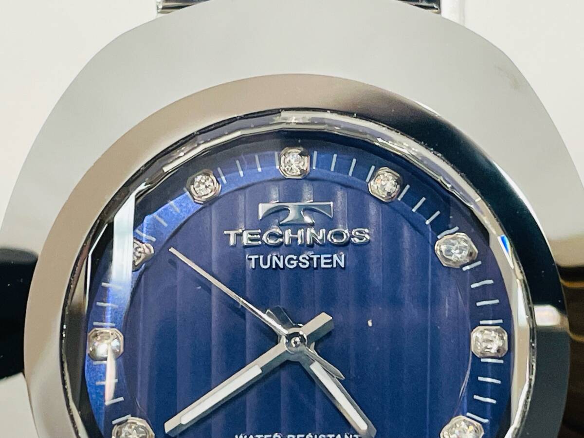 【B13937TY】TECHNOS テクノス T9475 タングステン クオーツ 稼働品 文字盤 青 デイト アナログ シルバー×ブルー _画像4