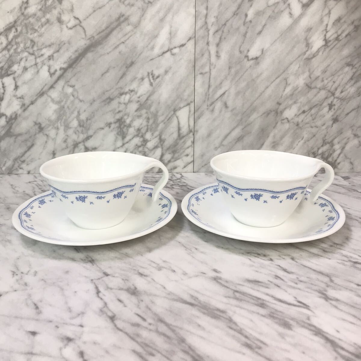 ●送料無料 良品 Corelle コレール ペア カップ&ソーサー モーニングブルー/レトロ カップ & ソーサ 2客 花柄/コーヒーカップ ティーカップ