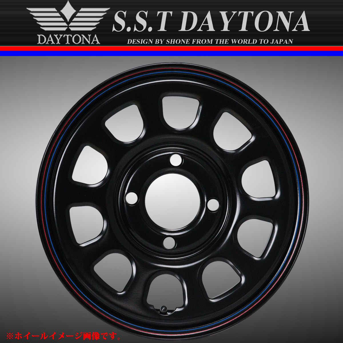 新品 4本価格 会社宛 送料無料 12×4J 4穴 100mm ET+40 SHONE SST DAYTONA デイトナブラック 赤/青ライン 軽トラ 軽バン 特価 NO,SH283の画像2