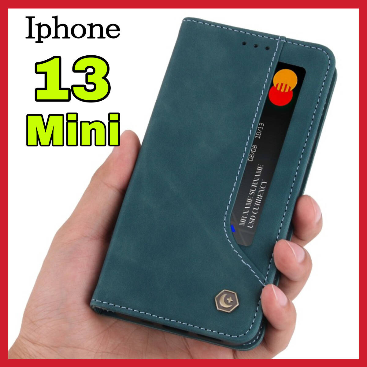 iPhone13miniケース 手帳型 緑グリーン上質でPUレザー ビジネス アイホン1３ミニカバー カード収納 タンド機能 薄型 軽量 シンプル