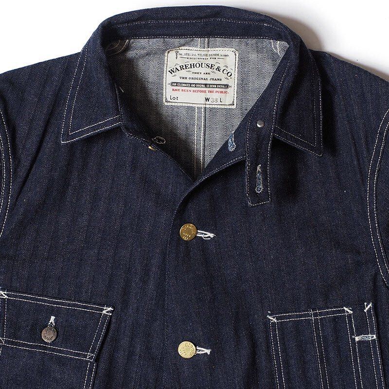 【新品未使用】WAREHOUSE/ウエアハウス Lot2165 INDIGO HERRINGBONE COVERALL WITH CHINSTRAP/ヘリンボーンデニムカバーオール 42サイズ_画像2