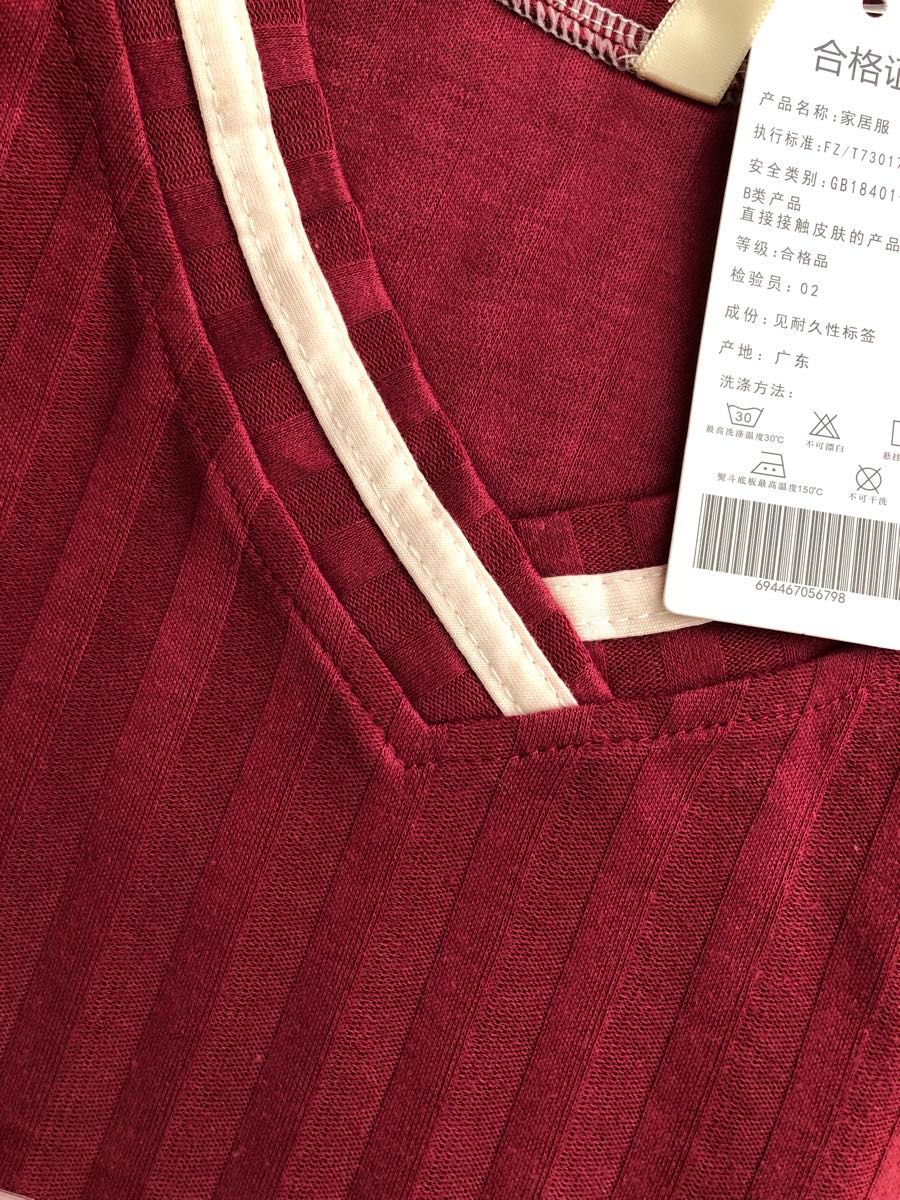 レディース パジャマ ルームウェア 部屋着 セットアップ 半袖 長ズボン ナイトウェア M レッド 赤 新品 シンプル 綿 春 夏