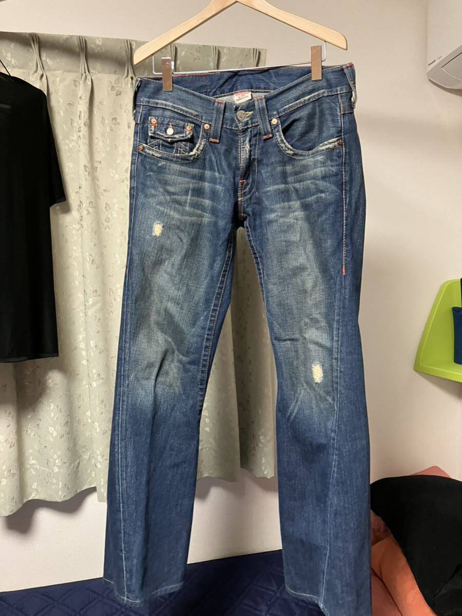 USED【正規品】タグ付き！90年代TRUE RELIGIONブーツカット革ステッチジーンズローライズ デニムパンツメンズR30S33濃紺トゥルーレリジョン_画像6