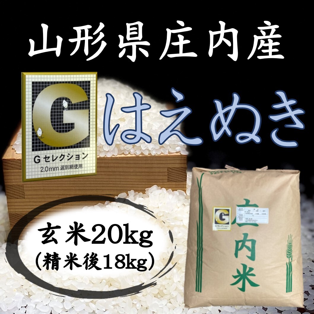 ●Ｇセレクション！令和５年産！山形庄内産はえぬき 玄米２０kg（白米１８kg）送料無料の画像1