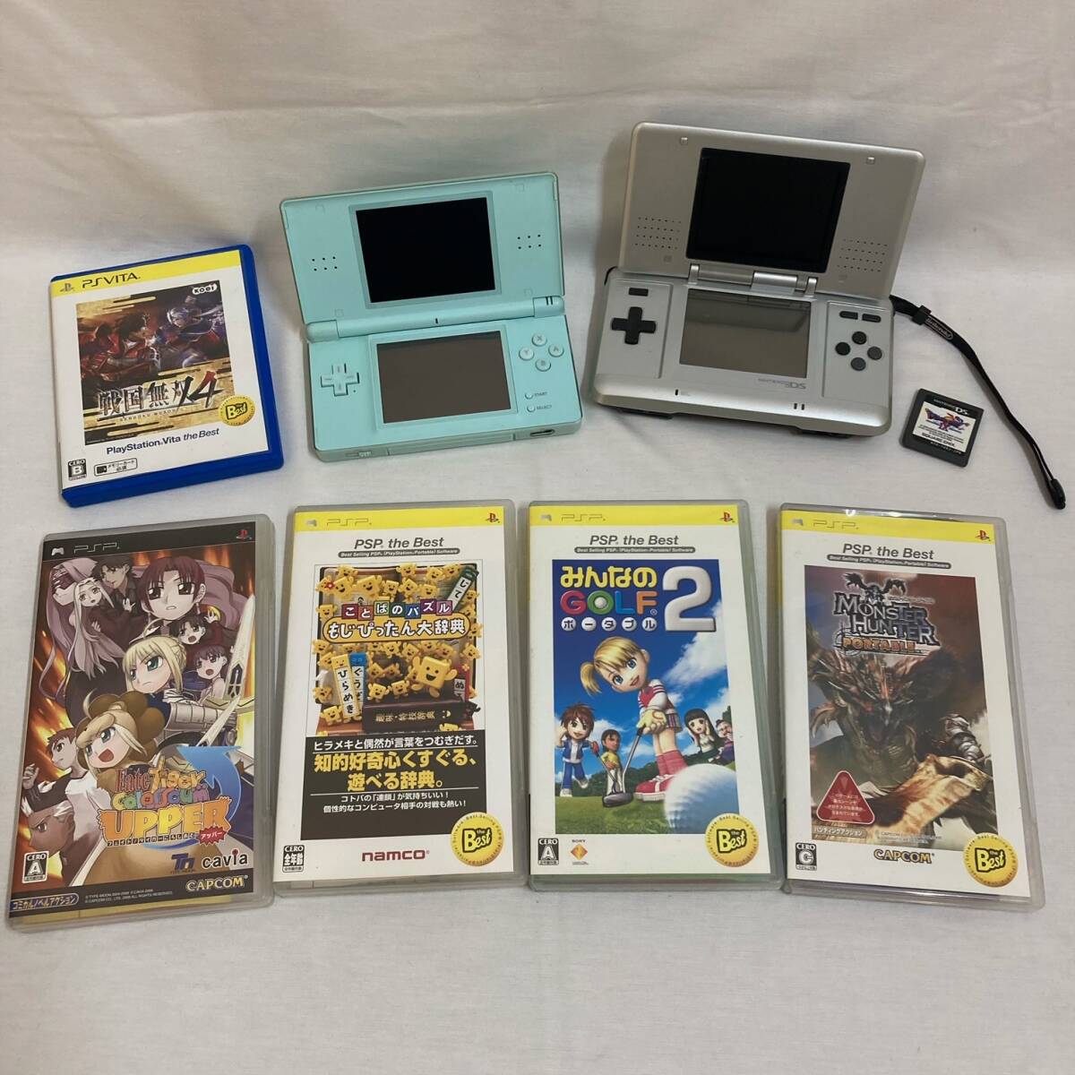 【3114】ゲームまとめ 任天堂 Nintendo DS lite 本体 ソフト PSP PSVITA モンハン みんゴル もじぴったん フェイト ドラクエ 戦国無双_画像1