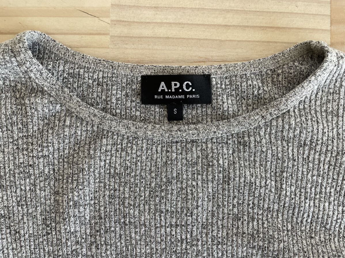 アーペーセー/A.P.C./トップス/ニット/カットソー/S/クルーネック/グレー×ホワイト/長袖/化繊/日本製/良品美品