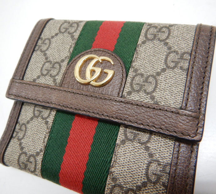 美品 GUCCI グッチ 523173 2149 オフディア GG レザー×キャンバス 二つ折り財布 FB2934 イタリア製 シェリーライン Wホック 箱付きの画像3