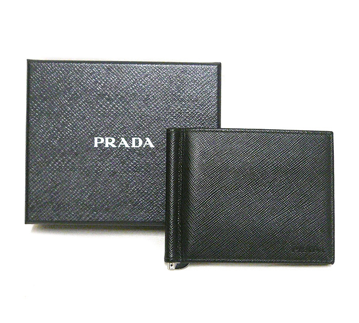 ◎美品 PRADA プラダ マネークリップ 二つ折り財布 札入れ カードケース サフィアーノレザー 本革 ブラック×シルバー金具 黒 箱付 ON5780_画像6