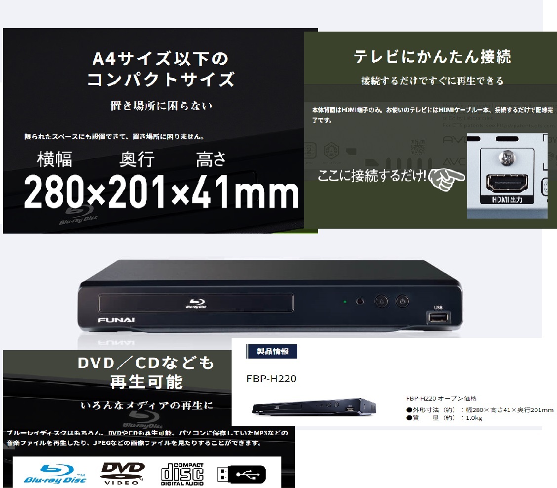 【送料無料】③119【アウトレット:メーカー再生品】FUNAI FDP-H220 ブルーレイディスクプレーヤー BDプレーヤー DVD/CD／USB コンパクトの画像2