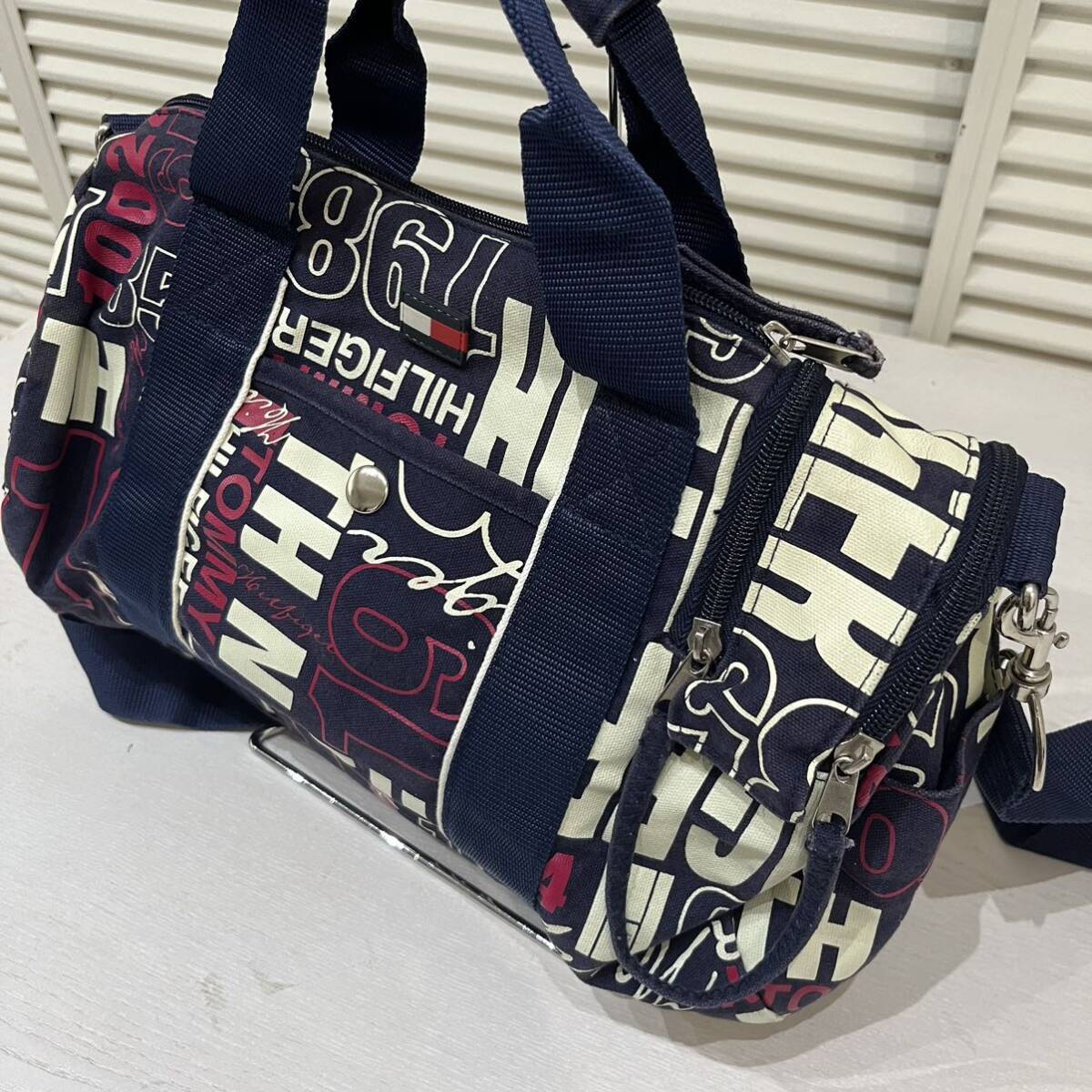 Tommy HILFIGER トミーヒルフィガー ミニボストンバッグ ショルダー ハンドバッグ 2way 総柄 ネイビー 玉mc2709_画像6