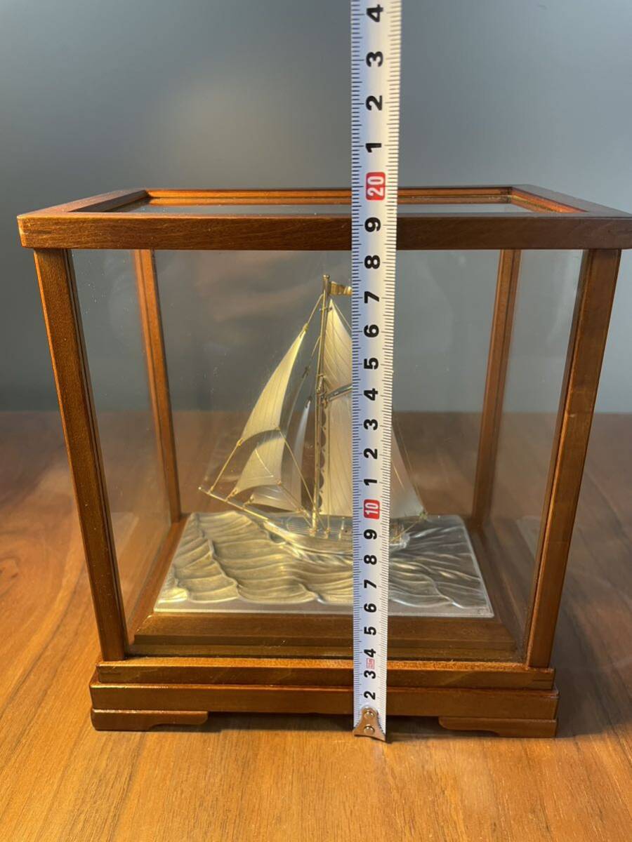 《値下即決早い者勝ち》銀 ヨット STERLING 960 刻印 スターリングシルバー SEKI 関工芸 置物 ガラスケース 木箱 船 帆船 銀製 SILVERの画像10