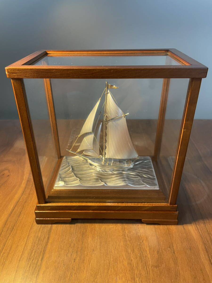《値下即決早い者勝ち》銀 ヨット STERLING 960 刻印 スターリングシルバー SEKI 関工芸 置物 ガラスケース 木箱 船 帆船 銀製 SILVERの画像8