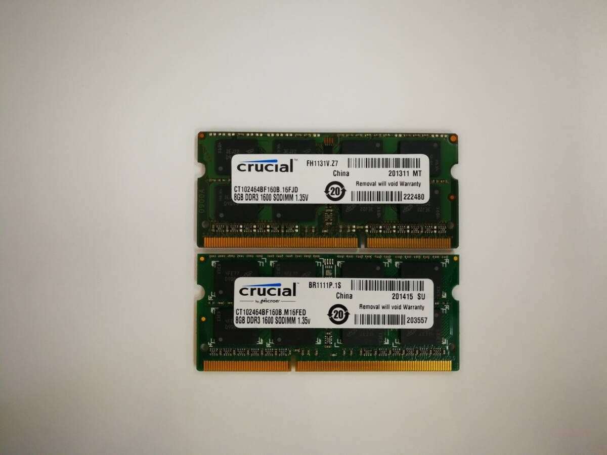 保証あり Crucial [Micron製] DDR3L 1600 PC3L-12800S 8GB×2枚 計16GB ノートパソコン用メモリ 低電圧対応_画像1