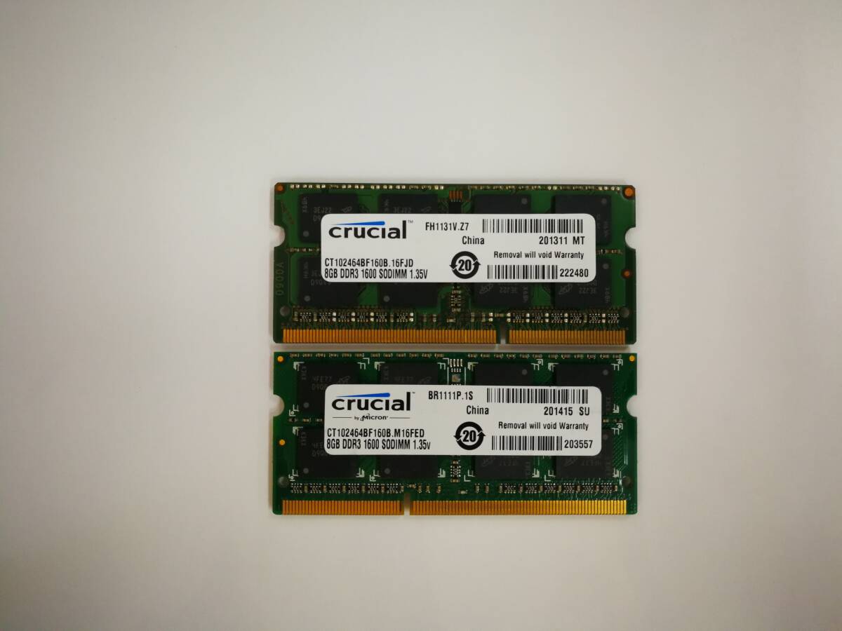 保証あり Crucial Micron製 DDR3L 1600 PC3L-12800S 8GB×2枚 計16GB ノートパソコン用メモリ 低電圧対応_画像1