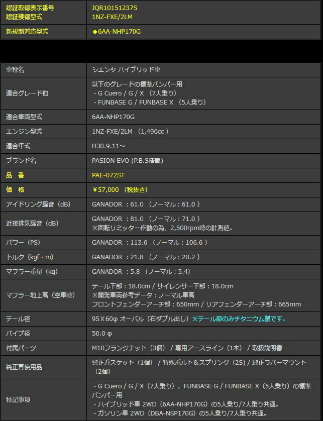 ガナドール シエンタ 6AA-NHP170G マフラー テール部のみチタニウム製 PAE-072ST GANADOR PASION EVO_画像3