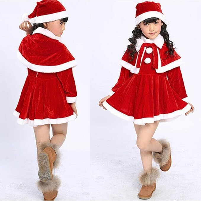 サンタ 衣装 子供 コスプレ キッズ メガネ＆帽子付き 女の子 90cm コスチューム クリスマス サンタクロース フランネル　D1-119
