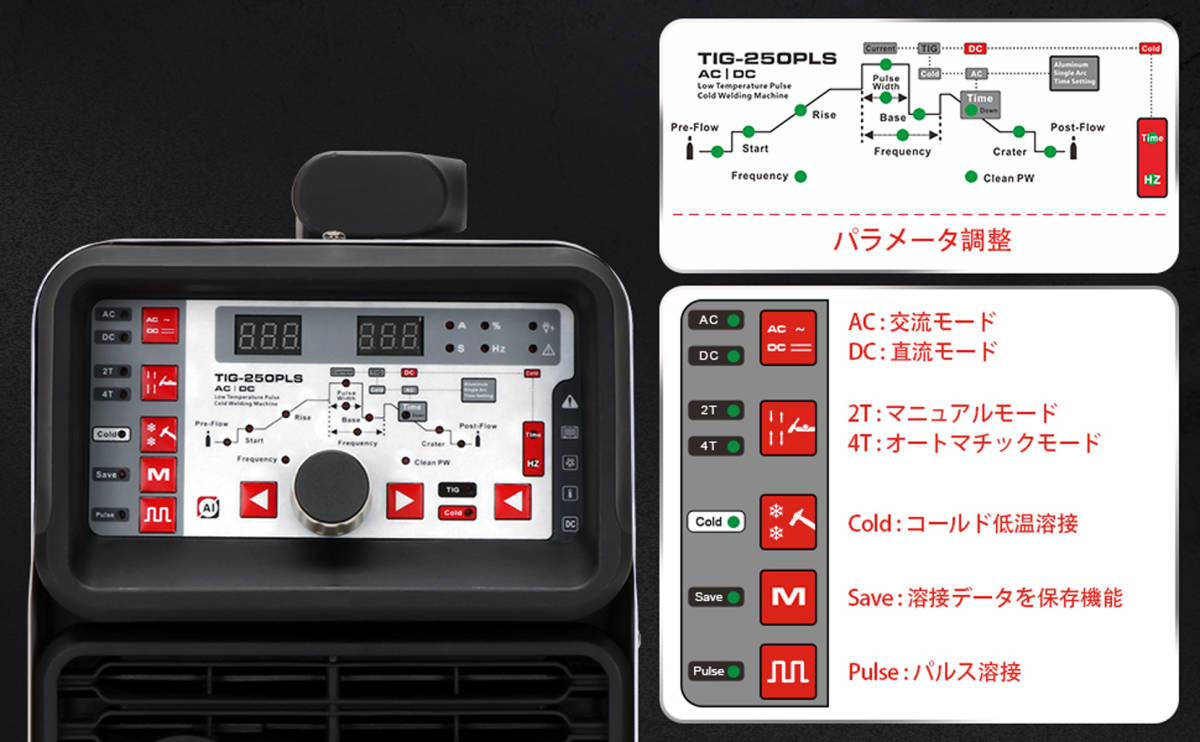 【新品】ANDELI アルミ溶接機 TIG-250PLS 100V/200V兼用 アルミニウム/ステンレス/炭素鋼など多機能 AC DC Cold 溶接トーチ付き_画像2