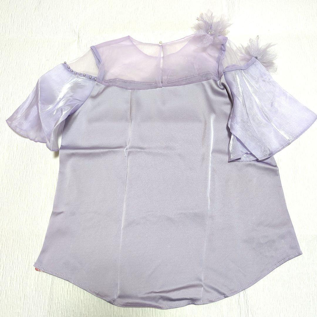 シースルー　半袖フレア　花モチーフ　ラベンダー　紫　M_画像5