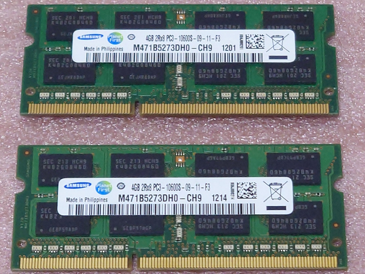 ★Samsung M471B5273DH0-CH9 2枚セット *PC3-10600S/DDR3-1333 204Pin DDR3 S.O.DIMM 8GB(4GB x2) 動作品の画像1
