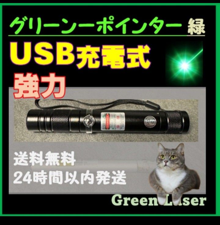 USB充電式　ストレート ★レーザーポインター　グリーン緑色　電池不要　強力光線　未使用　ネコおもちゃ　現場指示　高評価