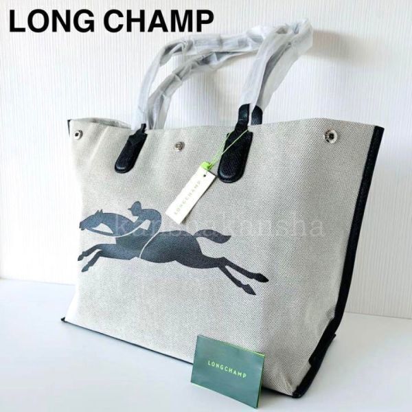 新品定ロンシャンLONG CHAMPキャンバス肩掛けトートバックロゾLサイズレディースブラック革レザーコットンエクリュ正規品プレゼント馬50代_画像2