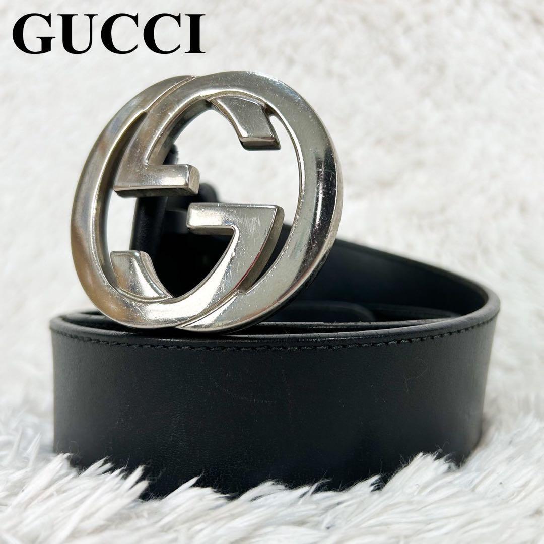 美品 GUCCI グッチ ベルト バックル インターロッキング GG バックル シルバー金具 レザー 本革 ブラック 黒 メンズ ユニセックス_画像1