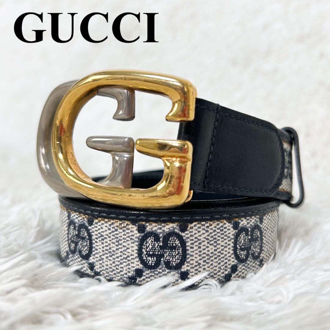 美品 GUCCI グッチ ベルト バックル ゴールド金具 GG レディース メンズ ユニセックス レザー グレー オールドグッチ イタリア製_画像1