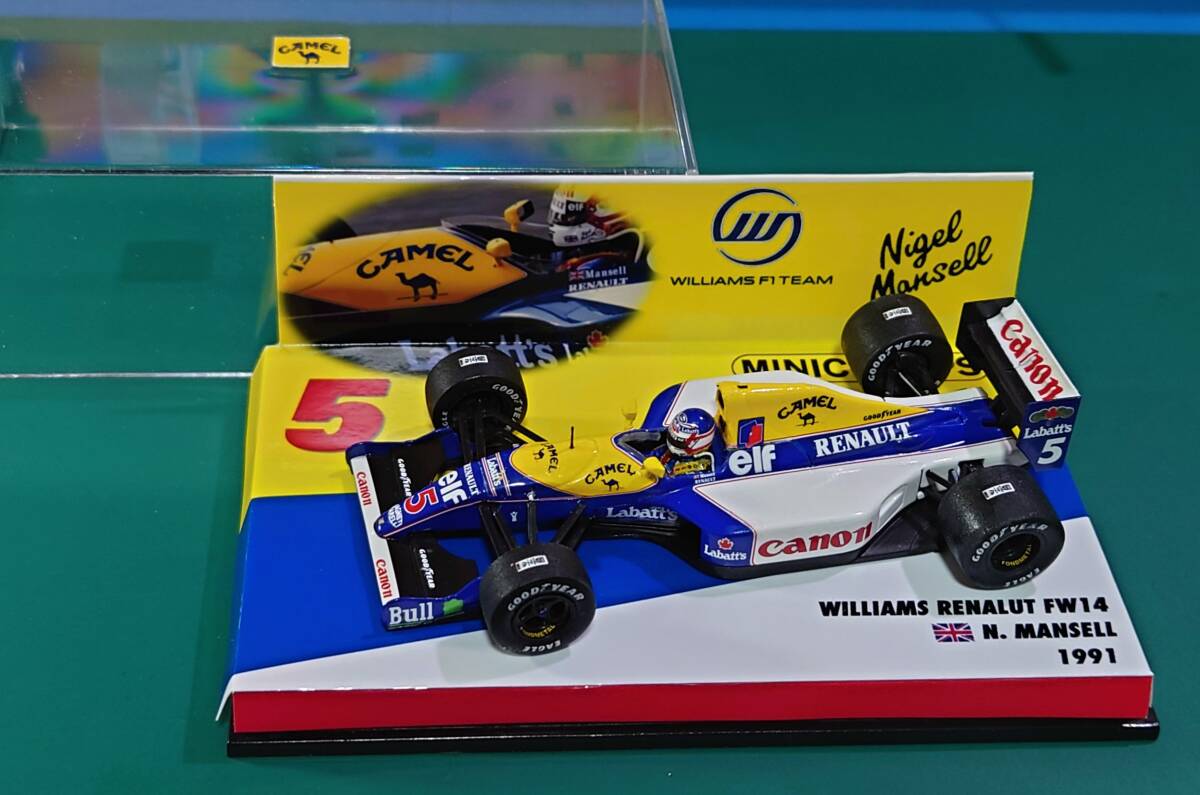 【カスタム品】ミニチャンプス製 1/43 ウィリアムズ・ルノー FW14(N.マンセル/CAMEL仕様)その他改修 + カスタム台紙★セナ、シューマッハ