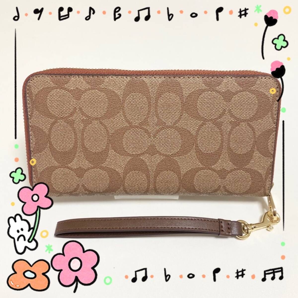 【送料無料】新品 未使用 コーチ COACH 長財布 ストラップ付き シグネチャー ロングジップ カーキ×サドル C4452 レディース シンプル