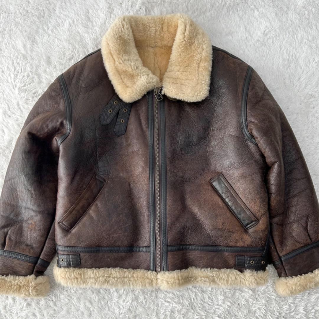 美品L◎shearling リアルムートン B-3 ボア フライトジャケット シープスキン USA 羊革ラムレザー ミリタリージャケット 革ジャン ブラウン_画像1