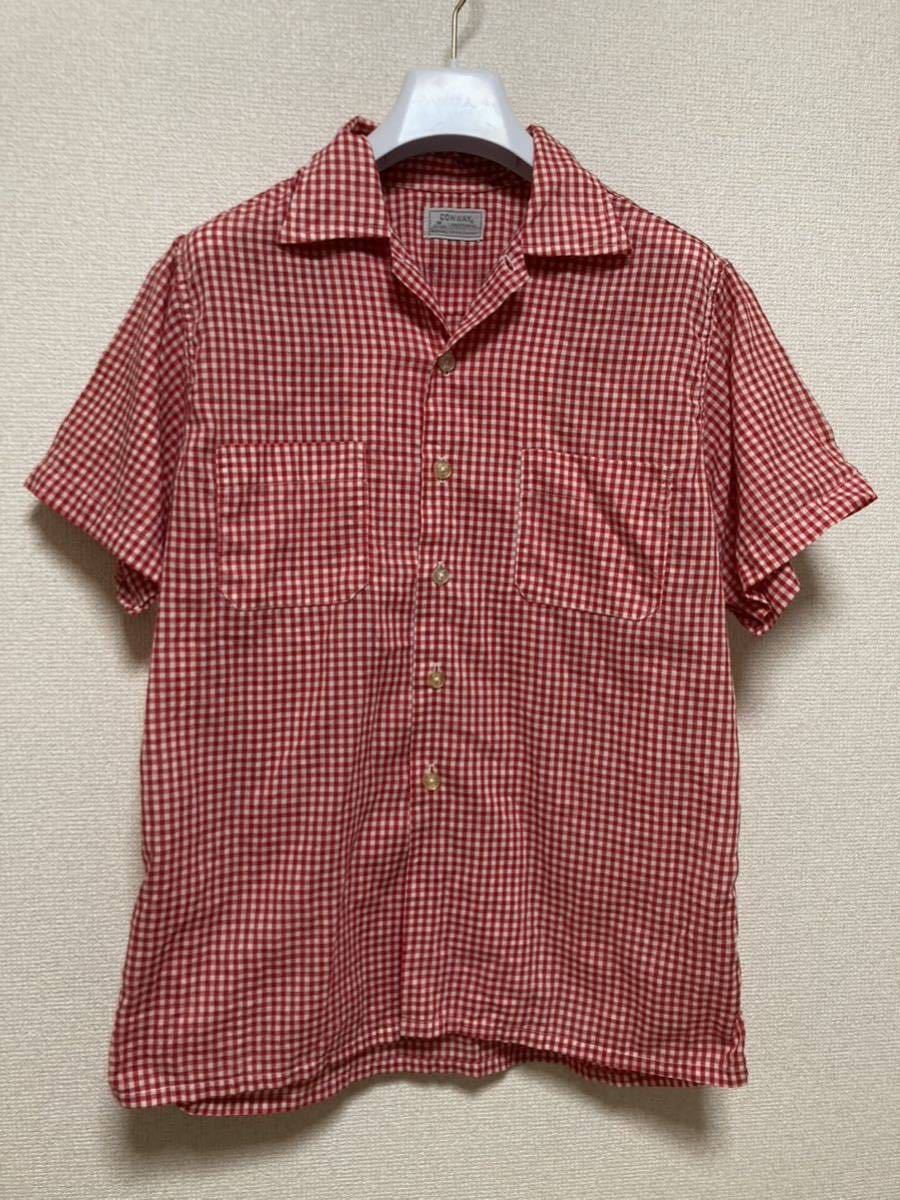 60's USAヴィンテージ CONWAY 半袖シャツ チェック シャツ ギンガムチェック 開襟 BOXシャツ M 15-15 1/2 赤×白 ヴィンテージシャツ_画像2