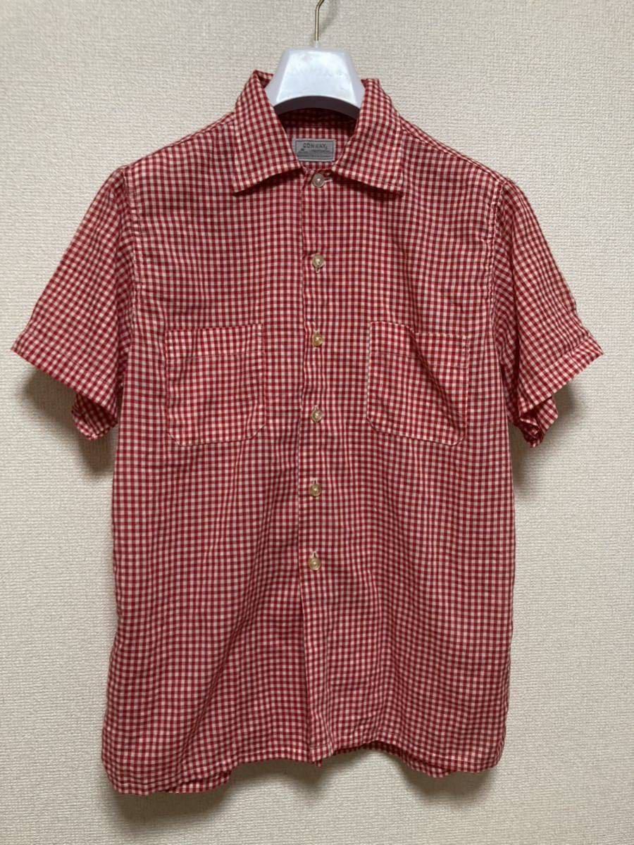 60's USAヴィンテージ CONWAY 半袖シャツ チェック シャツ ギンガムチェック 開襟 BOXシャツ M 15-15 1/2 赤×白 ヴィンテージシャツ_画像1