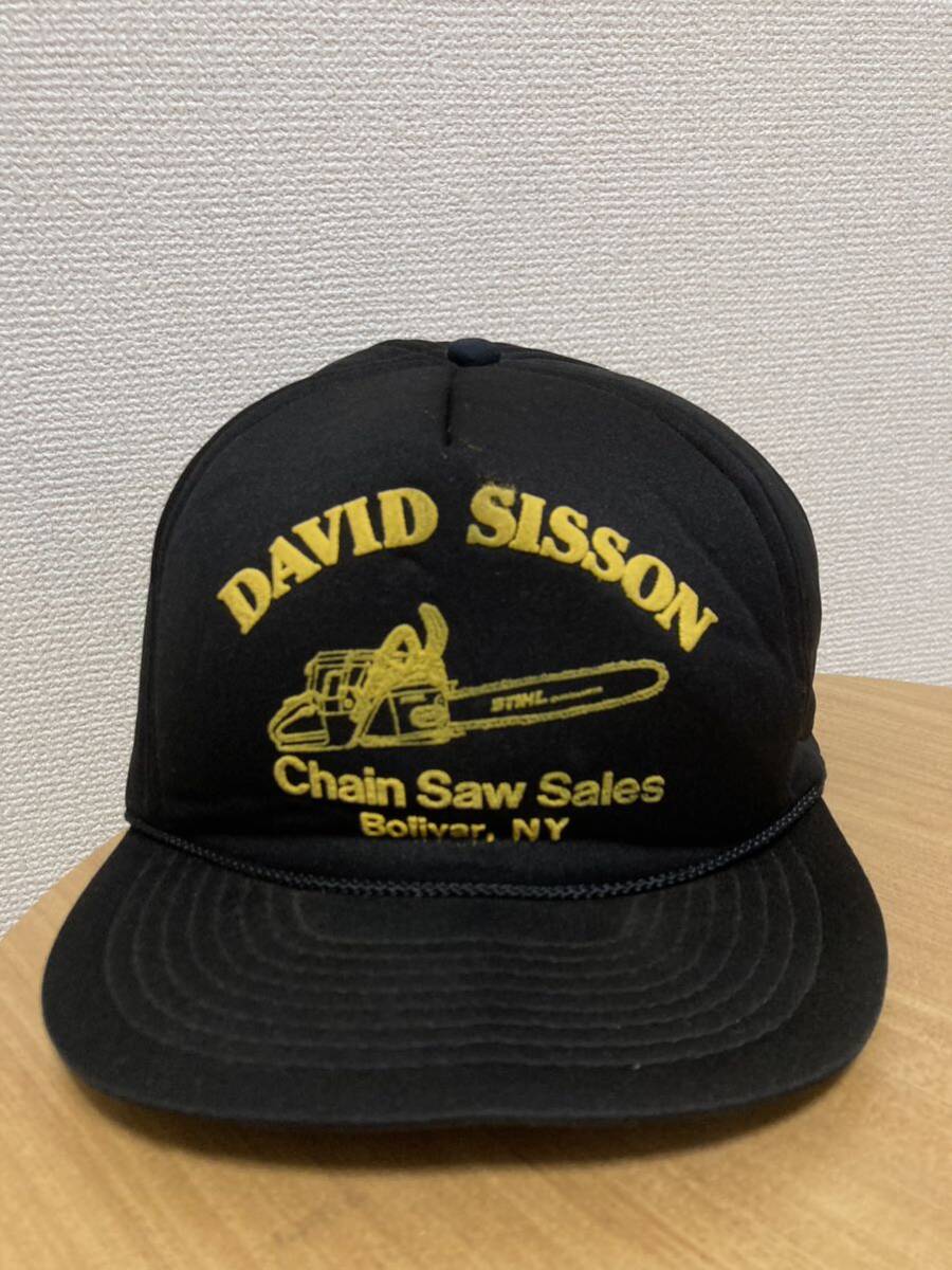 80's90's USAヴィンテージ Chain Saw トラッカーキャップ キャップ 帽子 SAN SUN ワンサイズ 黒 Black×Yellow /企業ロゴ CAP チェーンソー