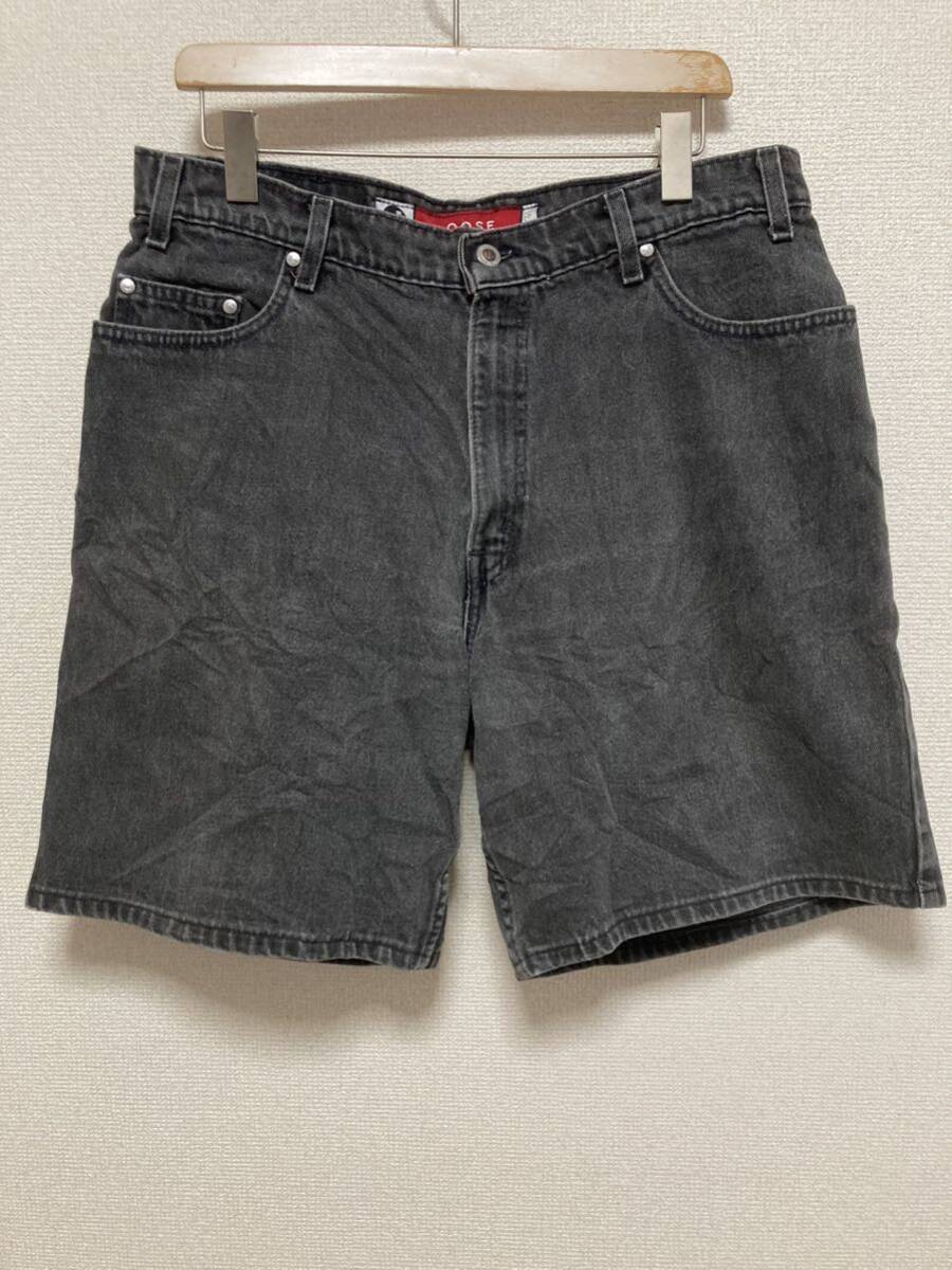 90's Levi's SILVERTAB LOOSEリーバイス シルバータブ ルーズ ワイドショートパンツ ブラックデニム　USA製 36 vintage ボタン裏549_画像1