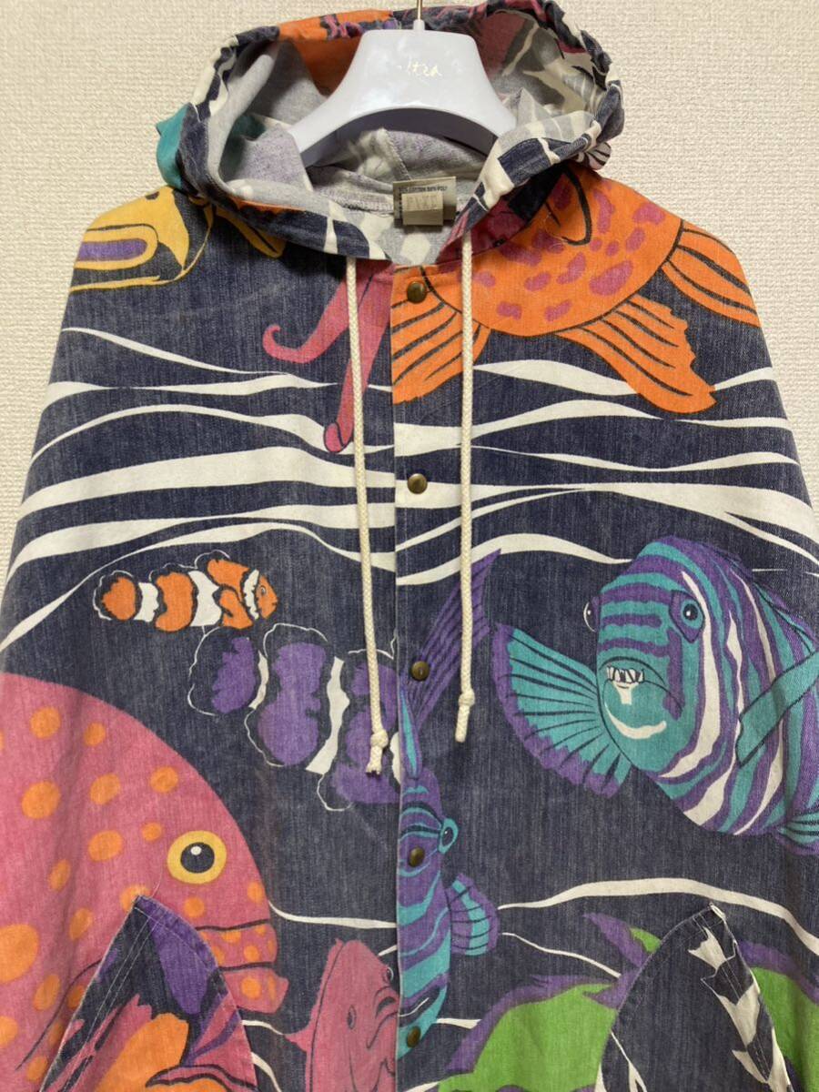 USAヴィンテージ Michigan Rag Co ミシガンラグ Fish Print Canvas Jacket フーディコットンパーカー ジャケット 魚総柄 90s USA製 L/XL _画像3