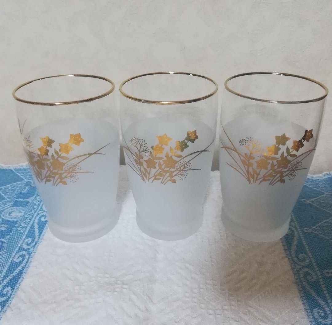 3客　カメイガラス　昭和レトロ ガラスコップ　冷茶グラス　ビールグラス　金縁　すりガラスコップ