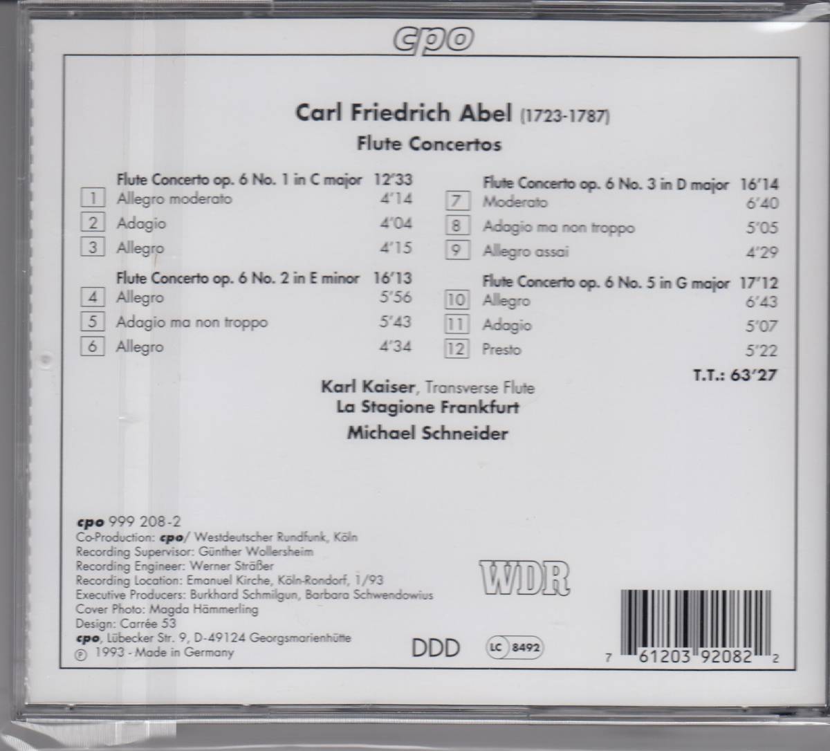 [CD/Cpo]C.F.アーベル(1723-1787):フルート協奏曲ハ長調Op.6-1他/K.カイザー(tr-fl)&M.シュナイダー&ラ。スタジオーネ・フランクフルト_画像2