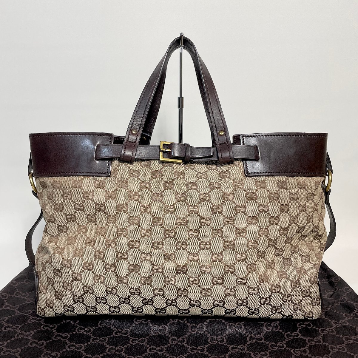 2402-42-3｜美品｜GUCCI グッチ トートバッグ キャンバス レザー ダークブラウン GGキャンバス 保存袋付き_画像1