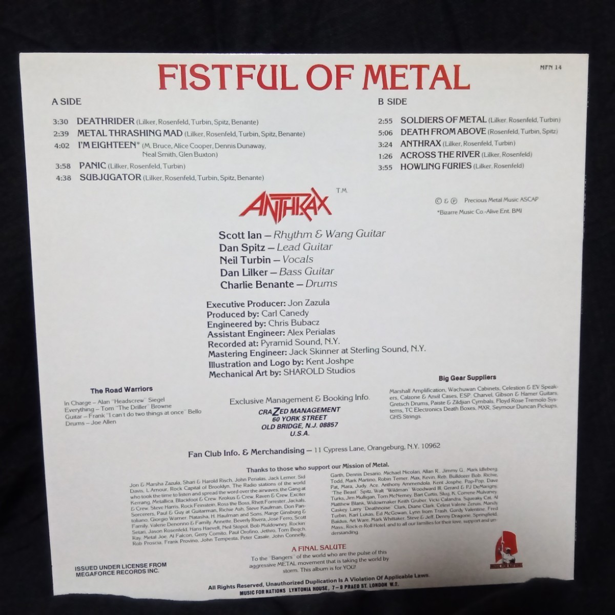 ANTHRAX 「 FISTFUL OF METAL 」 LPレコード MFN 14_画像2
