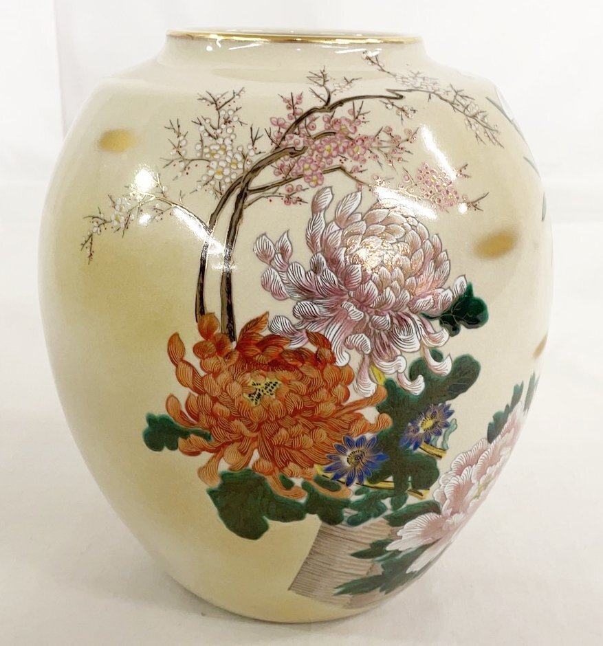 九谷焼 栄山 金彩色絵花詰紋 花瓶 壺 共箱付 高さ約25cm 飾り壺 花器 花生 華道具 茶道 床の間 伝統工芸品 インテリア　MQ-101_画像2