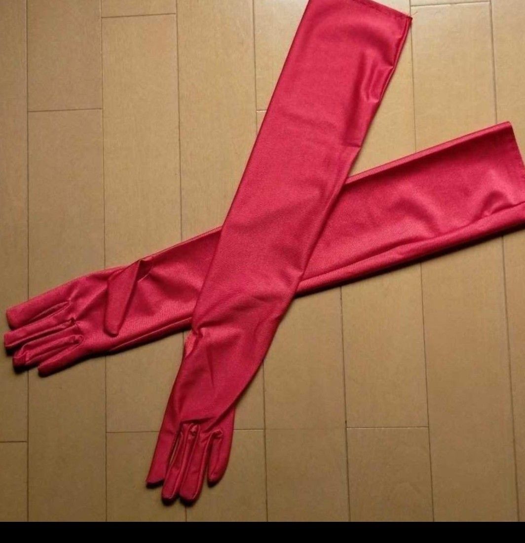 赤レッドストレッチロング手袋ドレスコスプレウエディング新品グローブ51cm丈