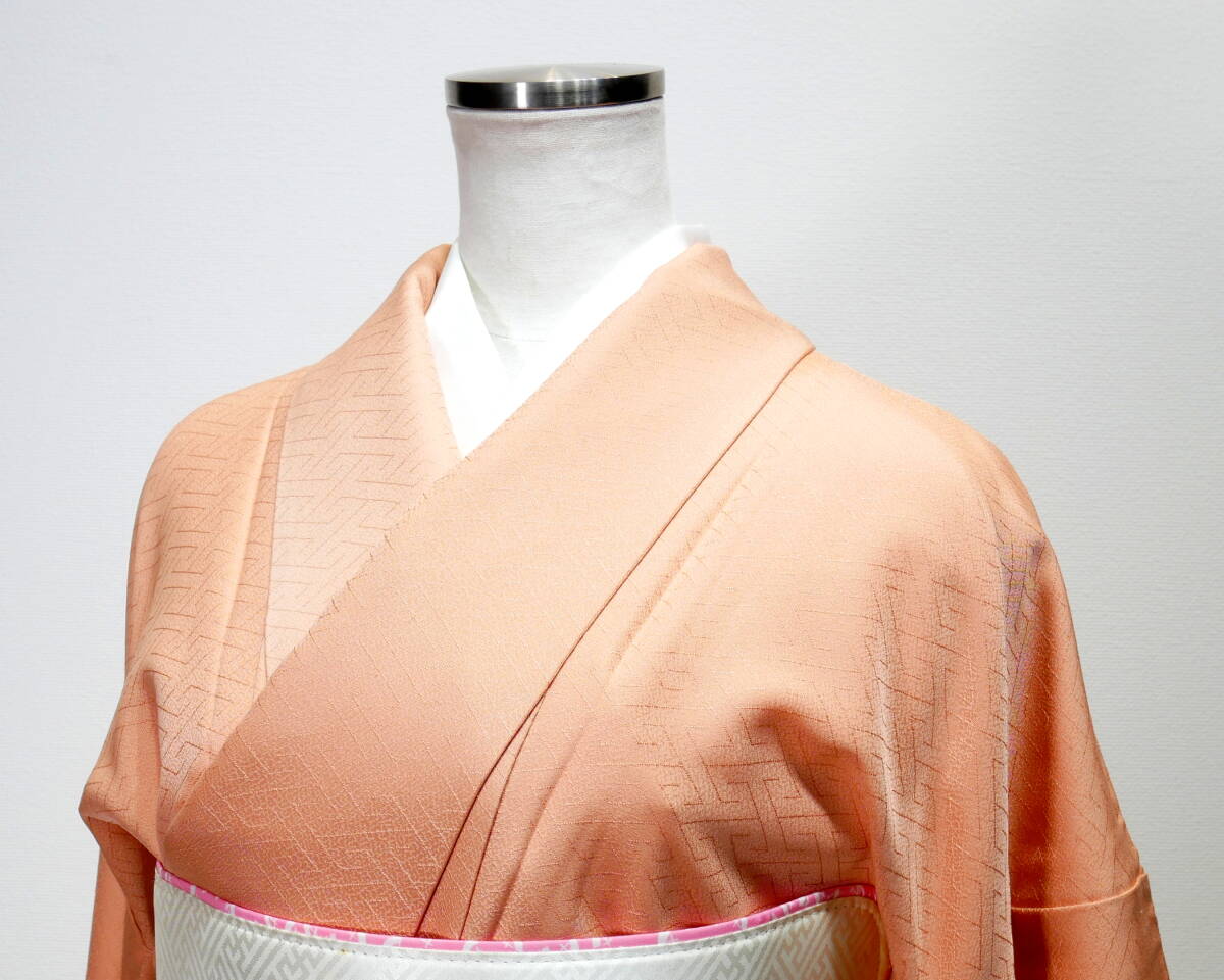 ▲(R603-B58)美品 着物 袷 正絹 色留袖 1つ紋(切り竹に笹) 比翼仕立て さや型 地模様 青海波 金駒刺繍