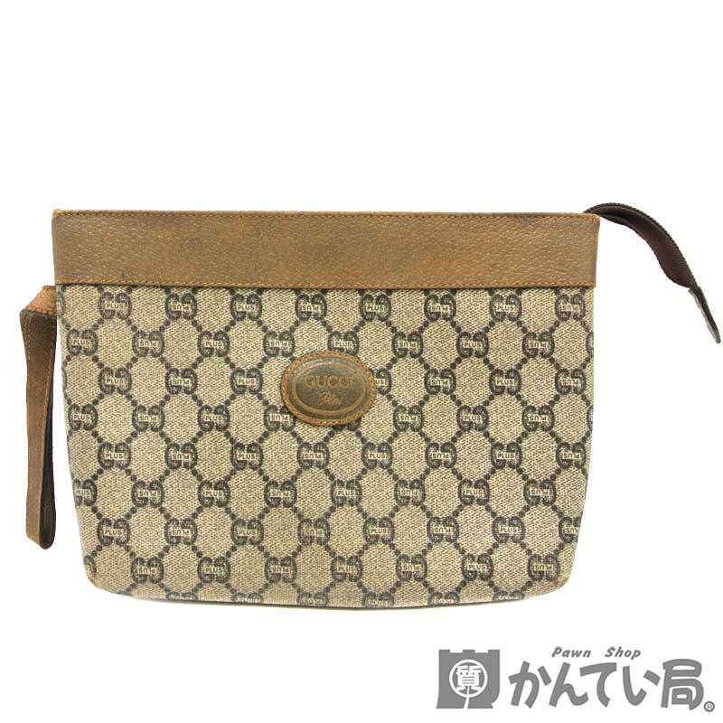 19086 GUCCI PLUS【グッチプラス】クラッチバッグ セカンドバッグ ポーチ GG PVC×レザー ブラウン系 鞄 ヴィンテージ【中古】