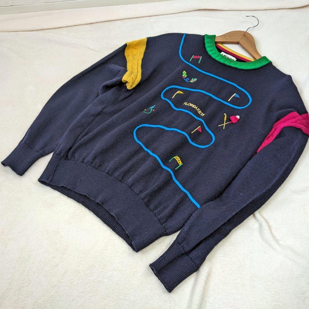 【フロリダキーズ】ニット　レトロ　ポンポン　ウール100％　日本製　美品　セーター　ネイビー　ゴルフウェア