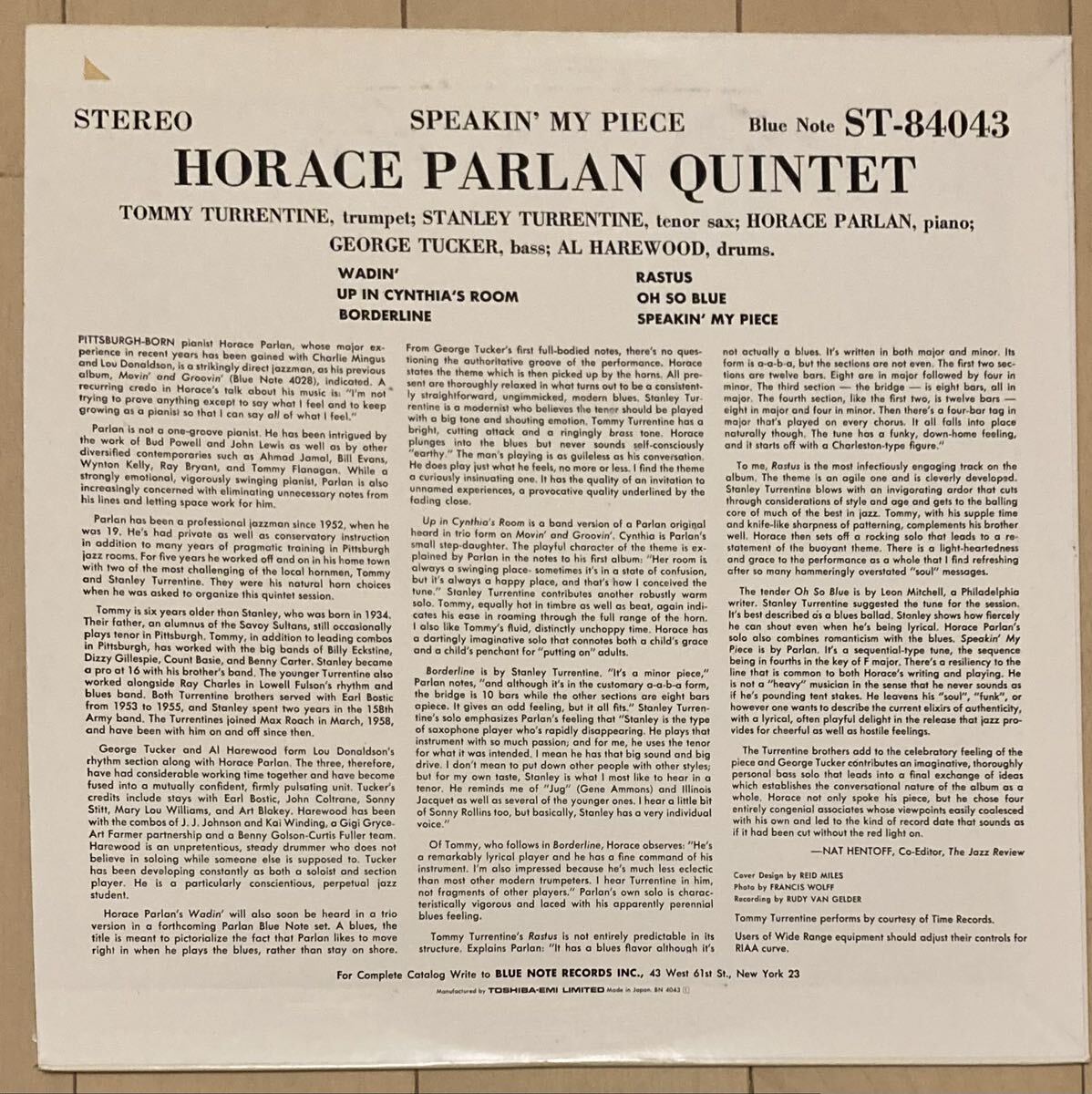 BlueNote Horace Parlan Quintet / Speakin' My Piece '91年東芝　最後の復刻シリーズ_画像2