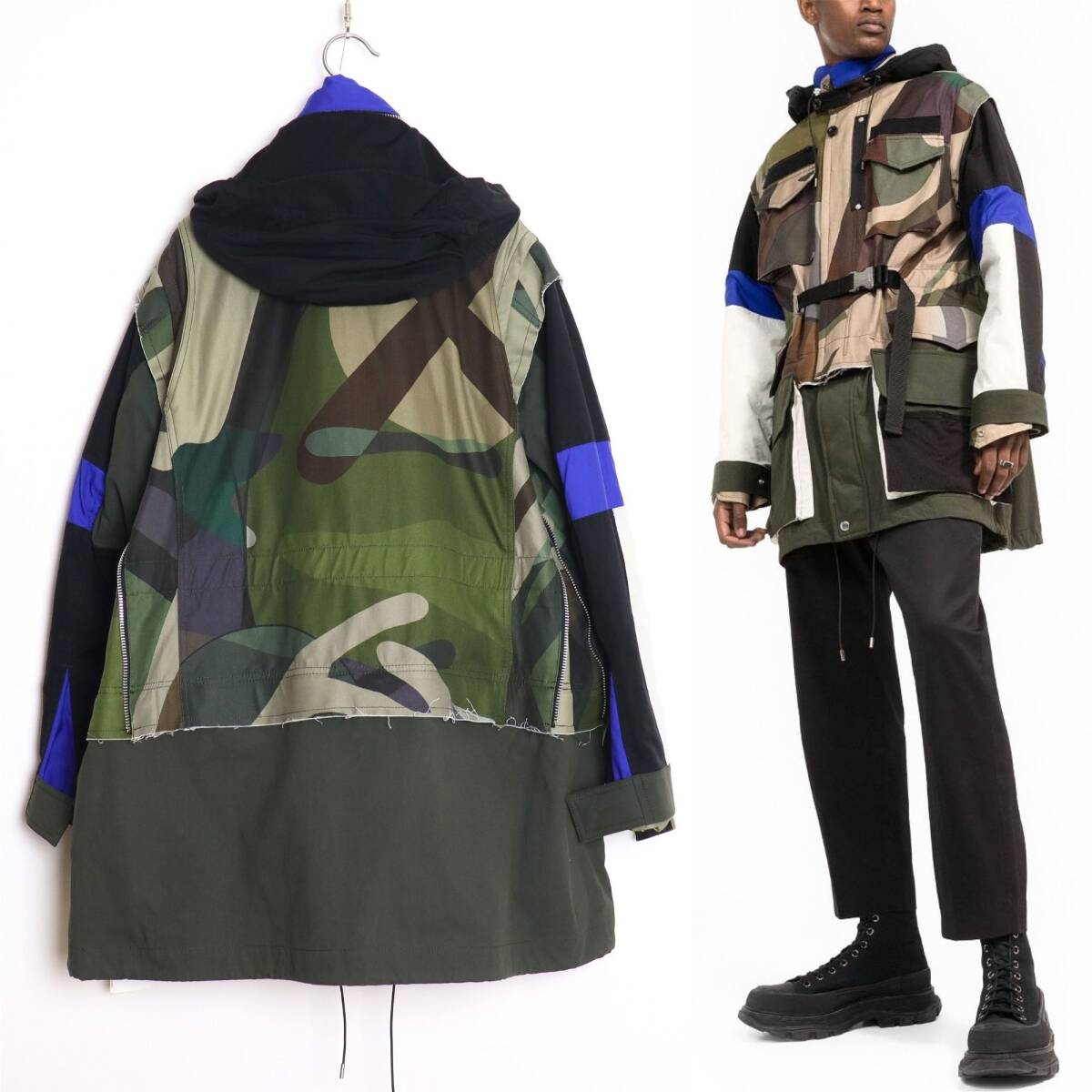 sacai x KAWS 新品 21AW 21-02561M 再構築 オーバーサイズ ミリタリージャケット 2 パッチワーク カモフラ迷彩柄 モッズコート カウズ_画像2