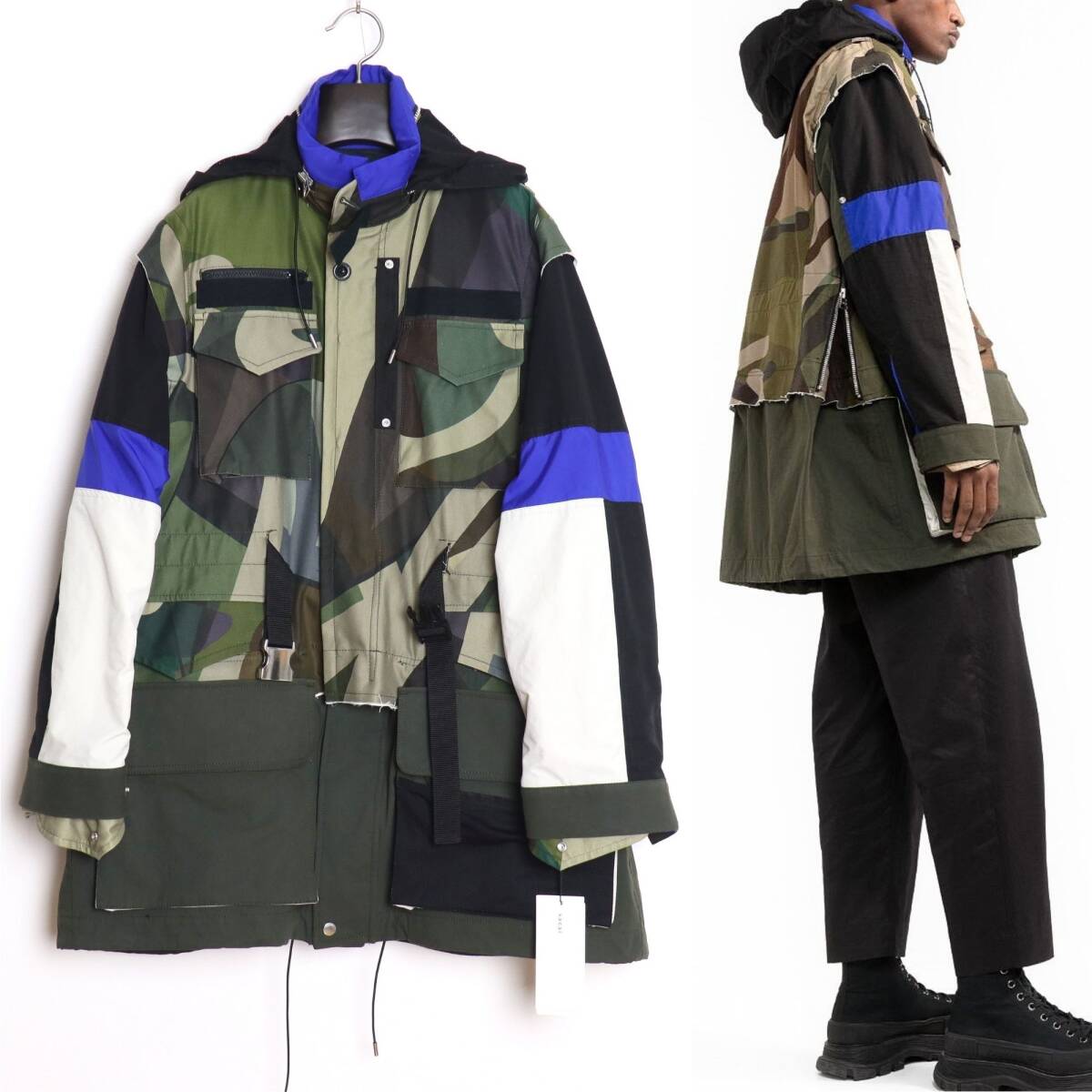 sacai x KAWS 新品 21AW 21-02561M 再構築 オーバーサイズ ミリタリージャケット 2 パッチワーク カモフラ迷彩柄 モッズコート カウズ_画像1