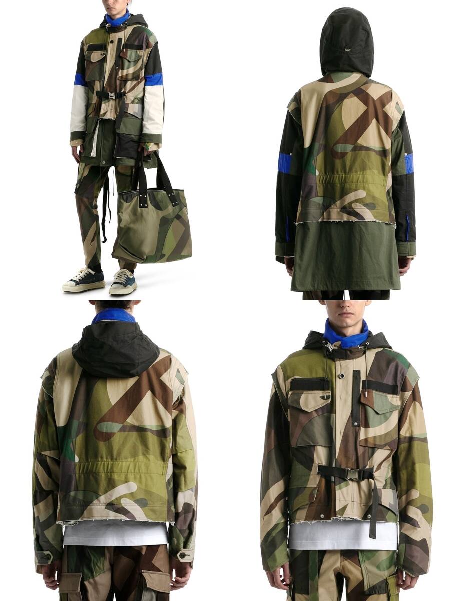 sacai x KAWS 新品 21AW 21-02561M 再構築 オーバーサイズ ミリタリージャケット 2 パッチワーク カモフラ迷彩柄 モッズコート カウズ_画像3